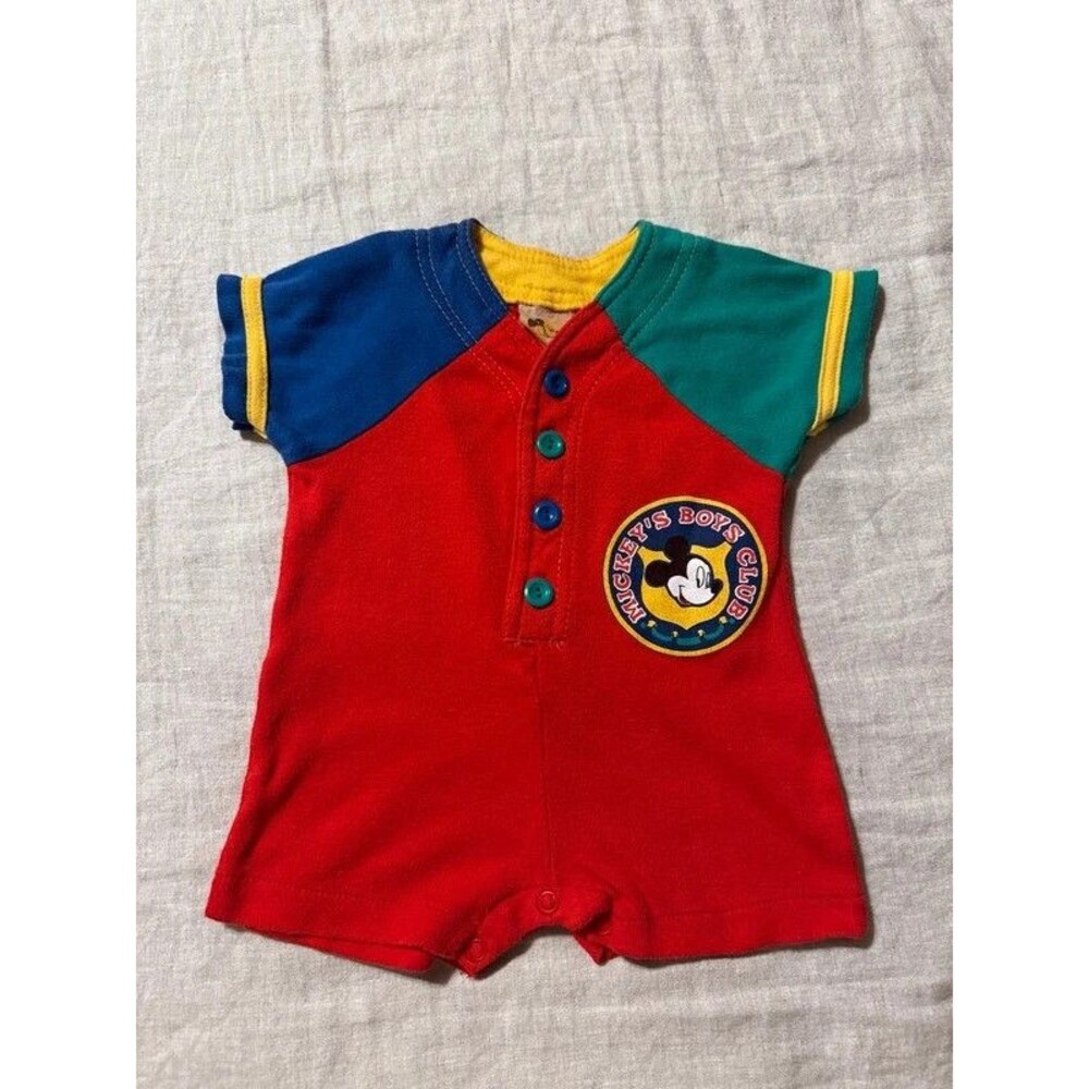 Vintage 1990s Disney Baby Colorblock Mickey’s Boys Club Baby Romper Est 6–9M